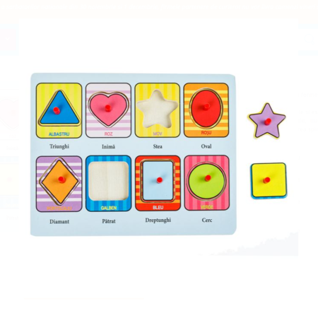 Puzzle educativ din lemn Forme geometrice cu butoni, 8 piese – 22x18 cm, 3 ani +