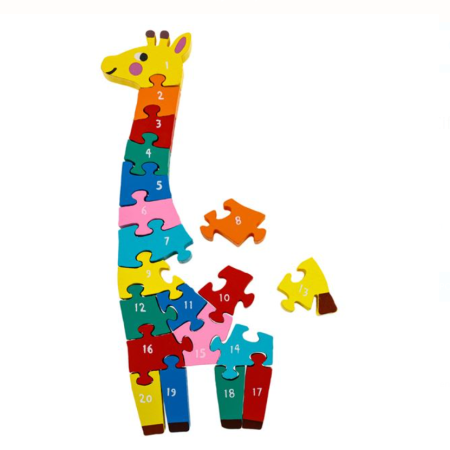 Puzzle 3D Girafa din lemn, 20 numere, 27x11x1.5 cm, 3 ani +