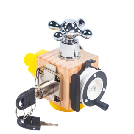 Jucarie senzoriala, Busy Cube din lemn, Cub cu 6 activitati, 6 luni +