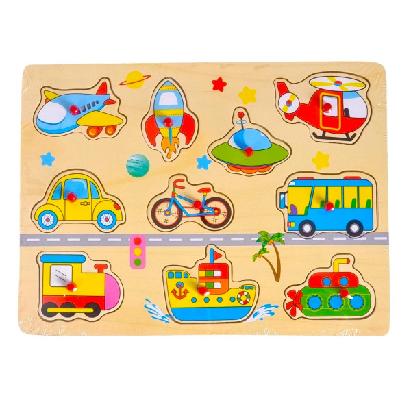 Puzzle educativ din lemn Vehicule Transport cu butoni, 10 piese, 30x22 cm, 1 an +