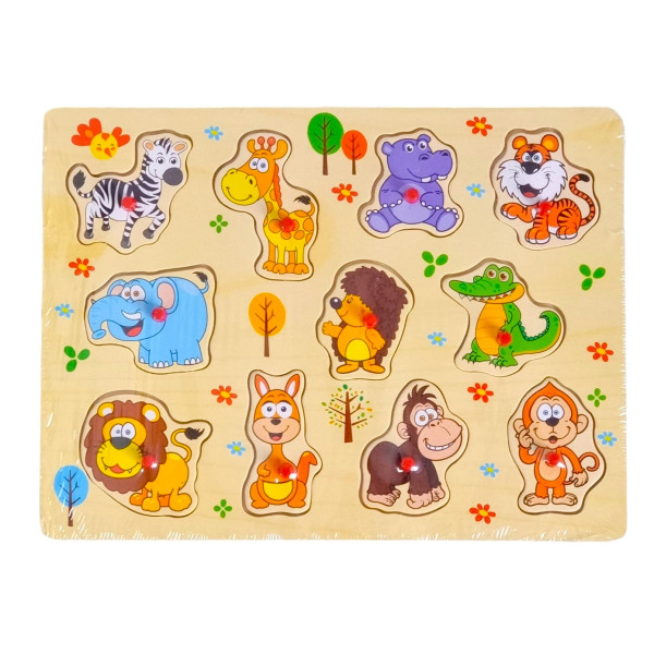 Puzzle educativ din lemn Animale Jungla cu butoni, 11 piese, 30x22 cm, 1 an +