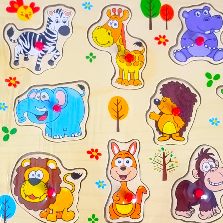 Puzzle educativ din lemn Animale Jungla cu butoni, 11 piese, 30x22 cm, 1 an +