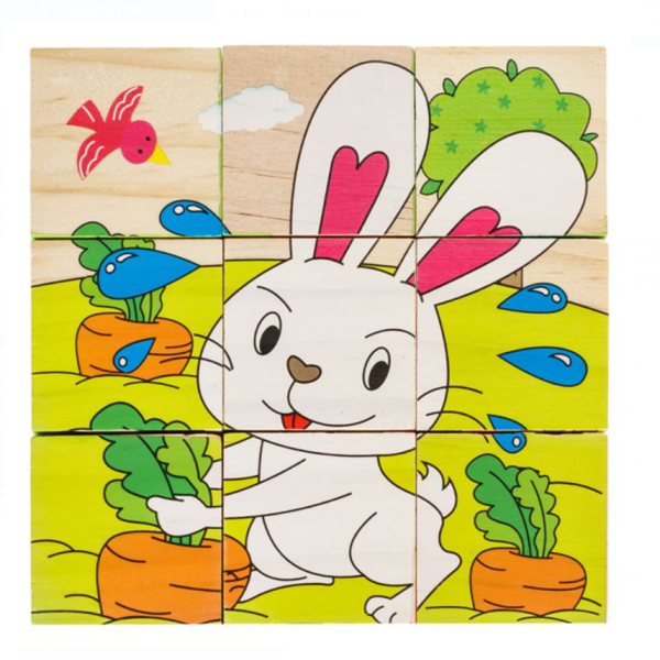 Puzzle 9 cuburi din lemn, Animale de la ferma, 10.5x10.5x3.5cm, 1 an +