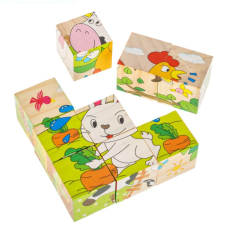 Puzzle 9 cuburi din lemn, Animale de la ferma, 10.5x10.5x3.5cm, 1 an +