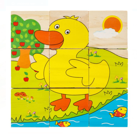 Puzzle 9 cuburi din lemn, Animale de la ferma, 10.5x10.5x3.5cm, 1 an +