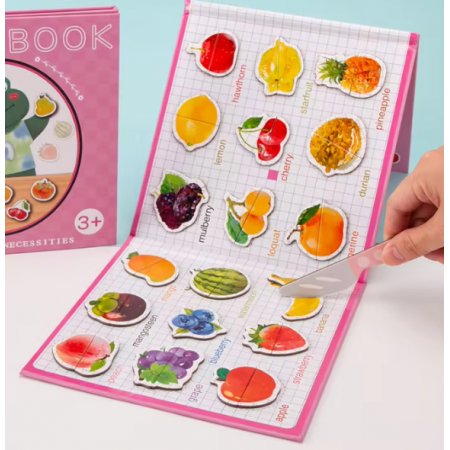 Carte magnetica cu 27 Fructe, Puzzle din 2 piese, 18x18 cm, 3 ani +
