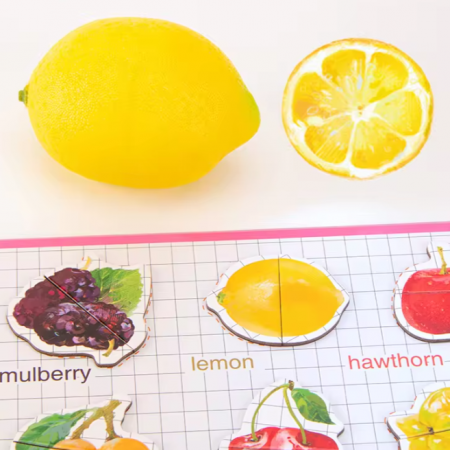 Carte magnetica cu 27 Fructe, Puzzle din 2 piese, 18x18 cm, 3 ani +