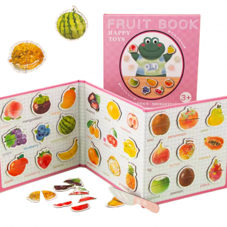 Carte magnetica cu 27 Fructe, Puzzle din 2 piese, 18x18 cm, 3 ani +