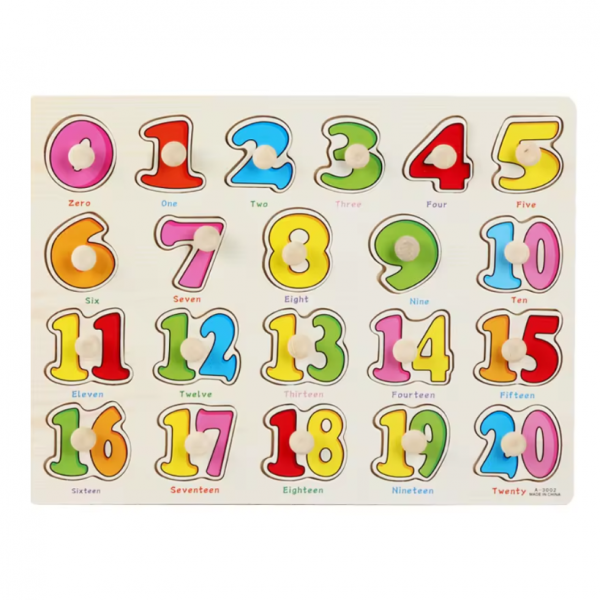 Puzzle din lemn cu butoni, Numere 0-20, 21 piese, 30x22.5 cm, 1 an +