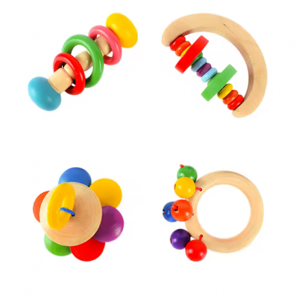 Set 4 Jucarii Zornaitoare Multicolore Bebelusi din lemn