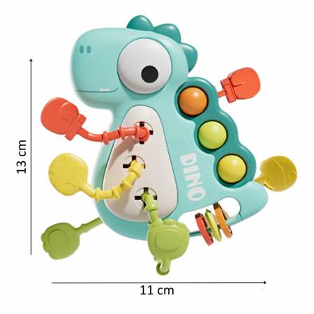 Jucarie senzoriala si de dentitie, Dinozaur verde 5 in 1, 18 luni +