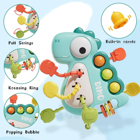 Jucarie senzoriala si de dentitie, Dinozaur verde 5 in 1, 18 luni +