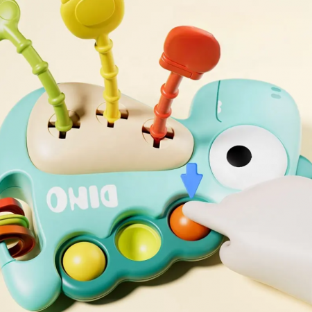 Jucarie senzoriala si de dentitie, Dinozaur verde 5 in 1, 18 luni +