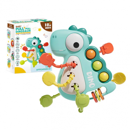 Jucarie senzoriala si de dentitie, Dinozaur verde 5 in 1, 18 luni +