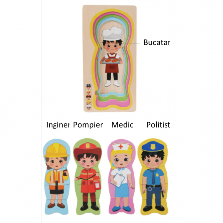 Puzzle multistratificat din lemn, 5 profesii, 15x30x2 cm, 3 ani +