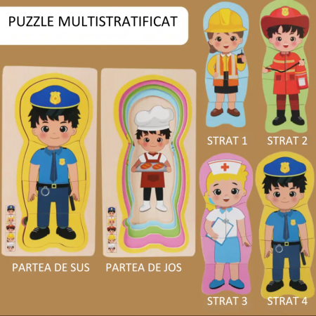 Puzzle multistratificat din lemn, 5 profesii, 15x30x2 cm, 3 ani +