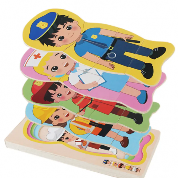 Puzzle multistratificat din lemn, 5 profesii, 15x30x2 cm, 3 ani +