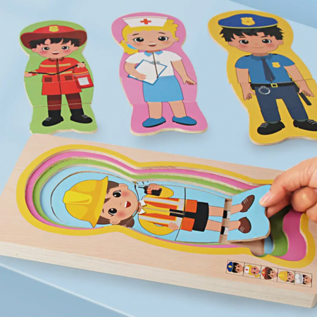 Puzzle multistratificat din lemn, 5 profesii, 15x30x2 cm, 3 ani +