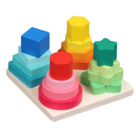 Sortator patrat din lemn, forme geometrice multicolore, 4 coloane, 3 ani +