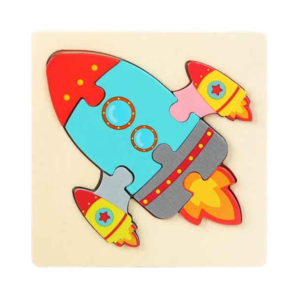 Puzzle 3D Incastru din lemn, Diferite modele, 10.7x10.7 cm, 3 ani +