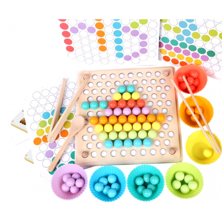 Joc de sortare si indemanare cu bile multicolor din lemn, 3 ani +