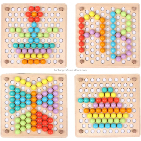 Joc de sortare si indemanare cu bile multicolor din lemn, 3 ani +