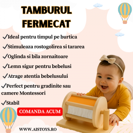 Tamburul Fermecat cu bila zornaitoare, oglinda si suport, jucarie din lemn pentru bebelusi + LIVRARE GRATUITA