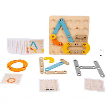 Joc Geoboard din lemn – litere, cifre, forme, carduri de activitati, 30 piese, 3 ani +