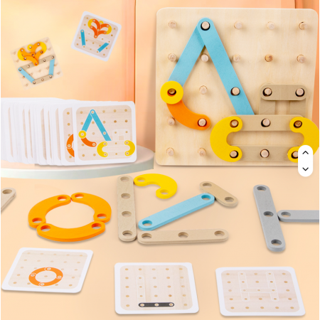 Joc Geoboard din lemn – litere, cifre, forme, carduri de activitati, 30 piese, 3 ani +