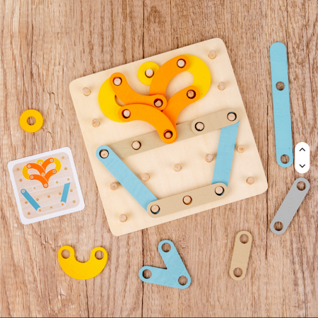 Joc Geoboard din lemn – litere, cifre, forme, carduri de activitati, 30 piese, 3 ani +