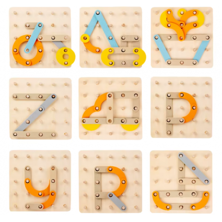 Joc Geoboard din lemn – litere, cifre, forme, carduri de activitati, 30 piese, 3 ani +