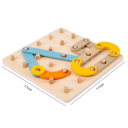 Joc Geoboard din lemn – litere, cifre, forme, carduri de activitati, 30 piese, 3 ani +