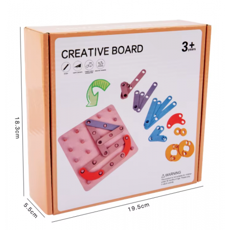 Joc Geoboard din lemn – litere, cifre, forme, carduri de activitati, 30 piese, 3 ani +