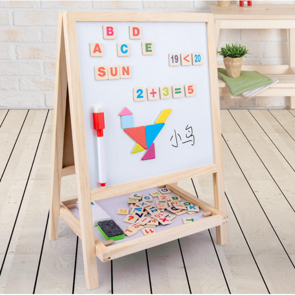 Tabla multifunctionala din lemn 2 in 1, Magnetica si cu creta + accesorii, 40 cm