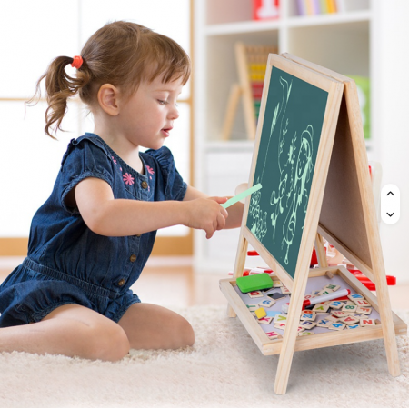 Tabla multifunctionala din lemn 2 in 1, Magnetica si cu creta + accesorii, 40 cm