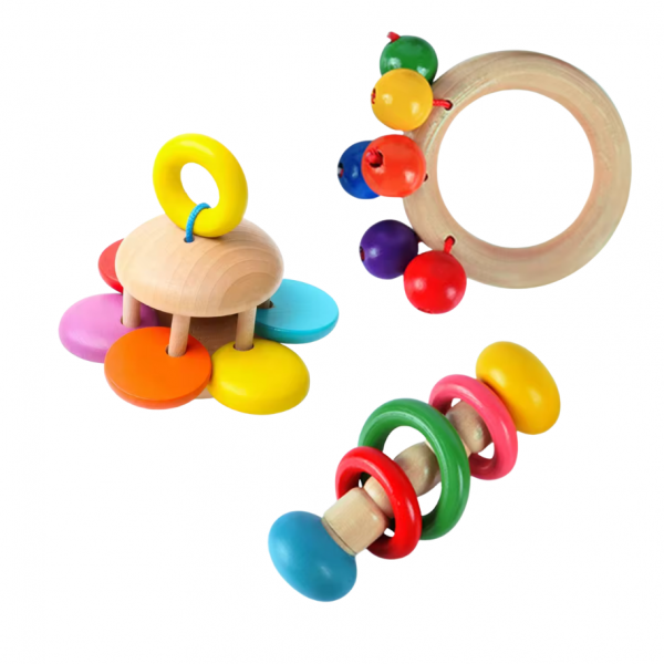 Set 3 Jucarii Zornaitoare Multicolore Bebelusi din lemn