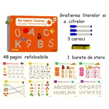 Carte educativa reutilizabila, Alfabetul si cifrele, 48 pagini