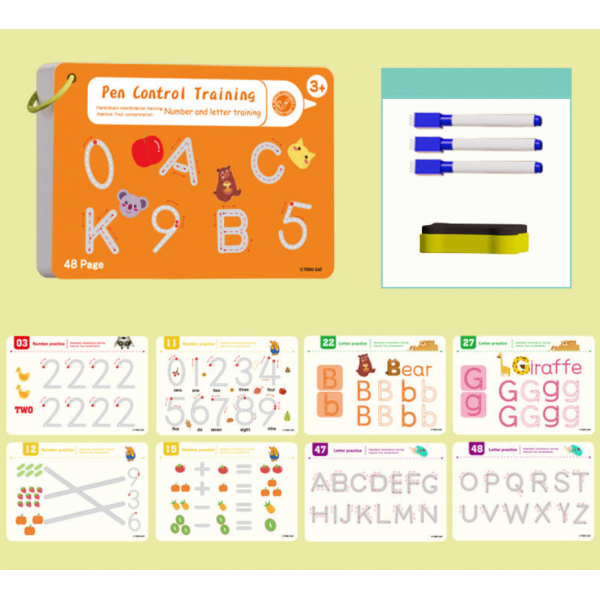 Carte educativa reutilizabila, Alfabetul si cifrele, 48 pagini