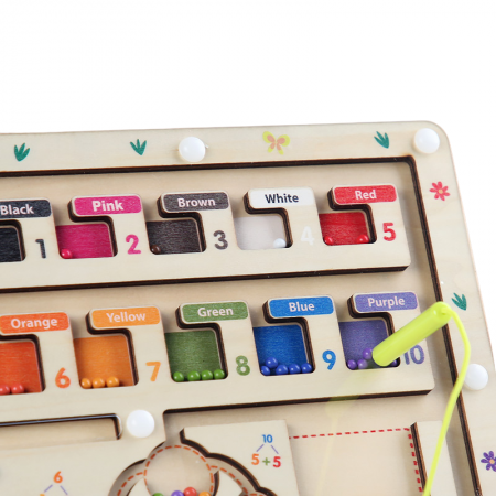 Labirint multifunctional din lemn cu suport – numere, culori, operatiuni matematice, 3 ani +