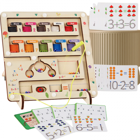 Labirint multifunctional din lemn cu suport – numere, culori, operatiuni matematice, 3 ani +