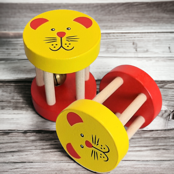 Jucarie zornaitoare rosu&galben din lemn bebelusi 6x5 cm, 6 luni +