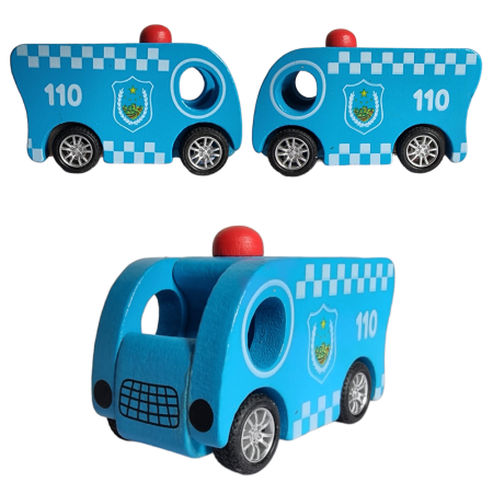 Masina de politie albastra autopropulsata jucarie lemn 7.3X3.5X5, 3 ani +