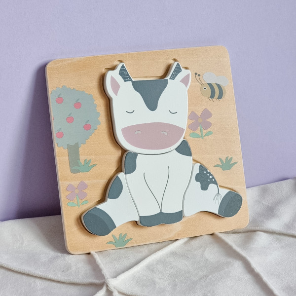 Puzzle 3D Incastru din lemn, 5 piese, Vacuta, 3 ani +