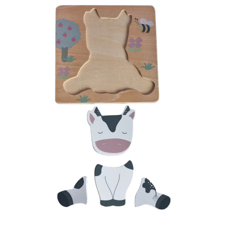 Puzzle 3D Incastru din lemn, 5 piese, Vacuta, 3 ani +